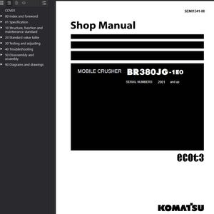 May include: A shop manual titled "Shop Manual" in black text. The manual is for a mobile crusher, model BR380JG-1E0, with serial numbers 2001 and up. The Komatsu logo is at the bottom.