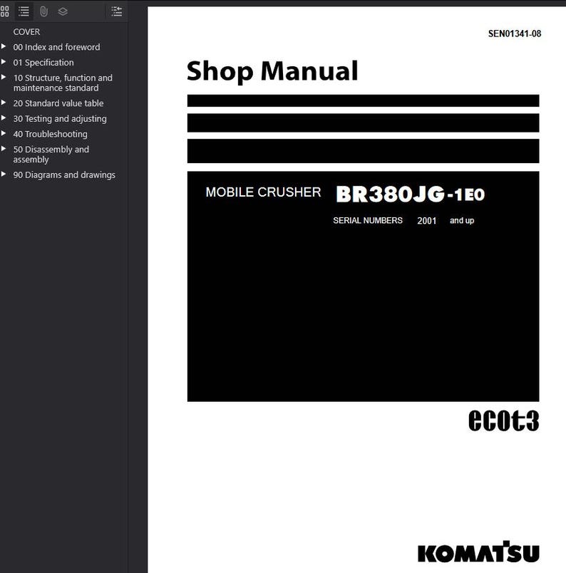 May include: A shop manual titled "Shop Manual" in black text. The manual is for a mobile crusher, model BR380JG-1E0, with serial numbers 2001 and up. The Komatsu logo is at the bottom.