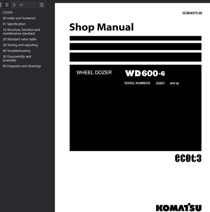 May include: A shop manual with the title "Shop Manual" at the top. Below, the text "WHEEL DOZER WD600-6" is displayed. The serial numbers are 55001 and up. The Komatsu logo is at the bottom.
