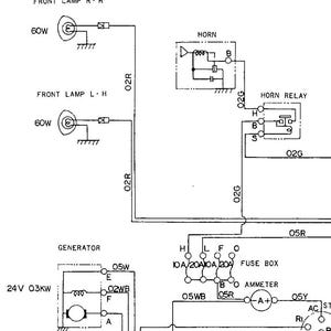 May include: An electrical schematic diagram showing the wiring for a vehicle's components. Includes diagrams for front lamps, horn, generator, and fuse box. The diagram uses lines and symbols to represent the electrical connections and components.