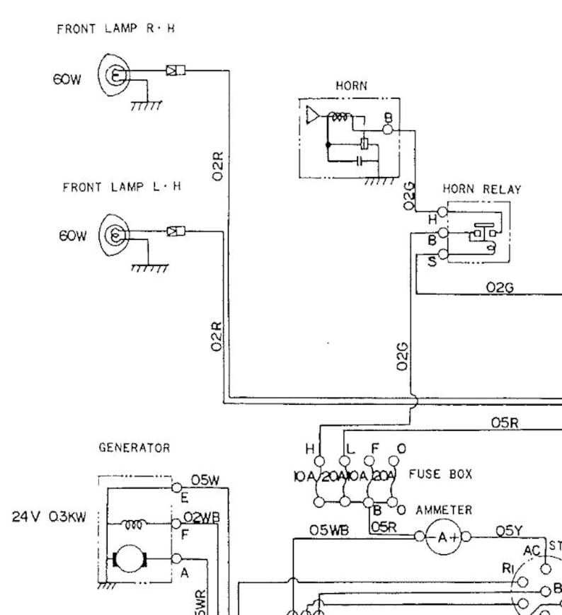 May include: An electrical schematic diagram showing the wiring for a vehicle's components. Includes diagrams for front lamps, horn, generator, and fuse box. The diagram uses lines and symbols to represent the electrical connections and components.
