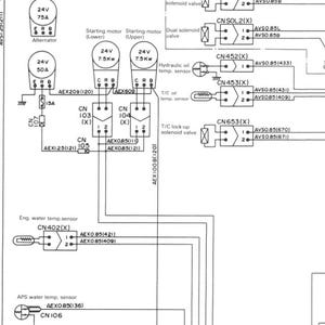 May include: A detailed electrical schematic diagram with various components labeled, including an alternator, starting motors, and sensors. The diagram uses lines and symbols to represent connections and circuits, with text labels in black.