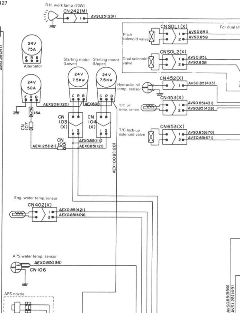 May include: A detailed electrical schematic diagram with various components labeled, including an alternator, starting motors, and sensors. The diagram uses lines and symbols to represent connections and circuits, with text labels in black.