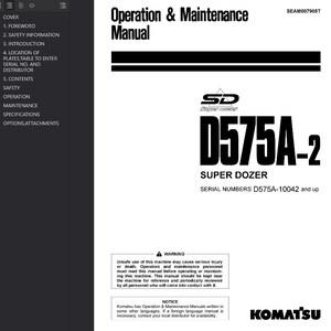 Op de afbeelding: Een zwart-wit handleiding getiteld "Operation & Maintenance Manual" met de tekst "D575A-2 SUPER DOZER". De handleiding bevat veiligheidswaarschuwingen en het Komatsu-logo. De serienummers zijn D575A-10042 en hoger.