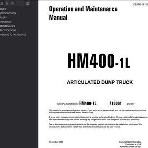K&ouml;nnte beinhalten: Ein wei&szlig;es Handbuch mit dem Titel "Bedienungs- und Wartungshandbuch" mit dem Text "HM400-1L" und "ARTICULATED DUMP TRUCK". Das Handbuch enth&auml;lt Seriennummern und Urheberrechtsinformationen. Ver&ouml;ffentlicht in den USA.