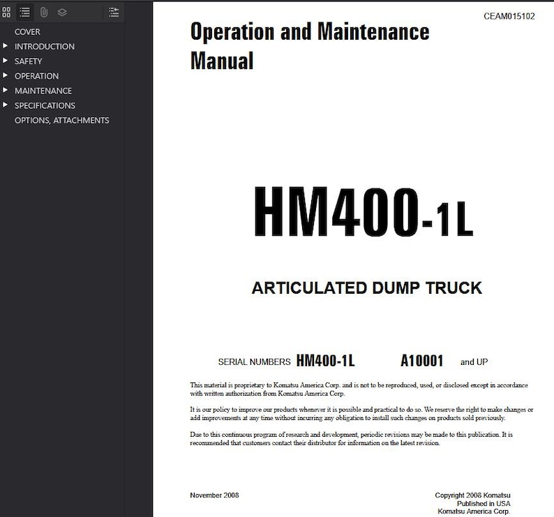 K&ouml;nnte beinhalten: Ein wei&szlig;es Handbuch mit dem Titel "Bedienungs- und Wartungshandbuch" mit dem Text "HM400-1L" und "ARTICULATED DUMP TRUCK". Das Handbuch enth&auml;lt Seriennummern und Urheberrechtsinformationen. Ver&ouml;ffentlicht in den USA.