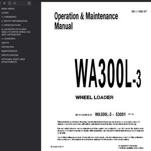 Puede incluir: Un documento blanco titulado "Manual de operaci&oacute;n y mantenimiento" con el n&uacute;mero de modelo "WA300L-3" para una cargadora de ruedas. El documento incluye una tabla de contenidos y otra informaci&oacute;n t&eacute;cnica.