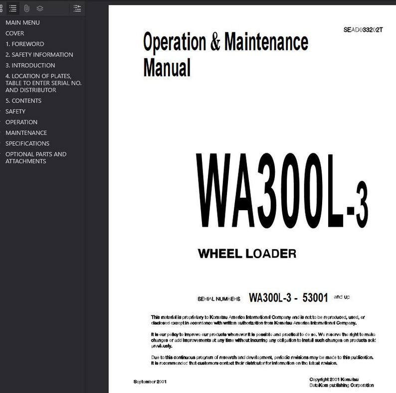 Puede incluir: Un documento blanco titulado "Manual de operaci&oacute;n y mantenimiento" con el n&uacute;mero de modelo "WA300L-3" para una cargadora de ruedas. El documento incluye una tabla de contenidos y otra informaci&oacute;n t&eacute;cnica.