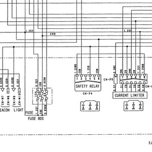May include: A detailed schematic diagram of an electrical system, featuring various components like a safety relay, current limiter, and fuse box. The diagram uses lines and symbols to represent wiring and connections, with labels for each component.