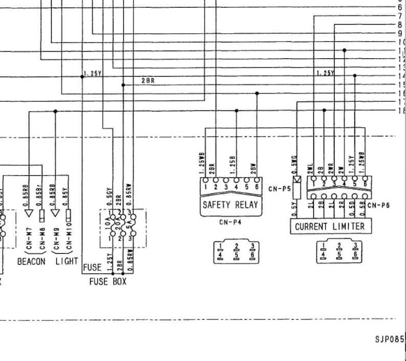 May include: A detailed schematic diagram of an electrical system, featuring various components like a safety relay, current limiter, and fuse box. The diagram uses lines and symbols to represent wiring and connections, with labels for each component.