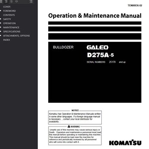Puede incluir: Un manual en blanco y negro titulado "Manual de Operaci&oacute;n y Mantenimiento" para una excavadora Galeo D275A-5. El manual incluye advertencias de seguridad y la marca Komatsu. Los n&uacute;meros de serie son 25178 y superiores.