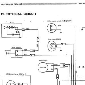May include: A detailed electrical circuit diagram with the title "ELECTRICAL CIRCUIT" at the top. The diagram includes components like a horn, horn switch, alternator, and various lamps, with labels and wiring connections.
