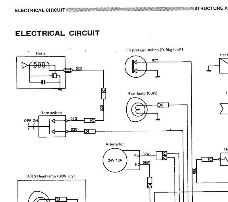 May include: A detailed electrical circuit diagram with the title "ELECTRICAL CIRCUIT" at the top. The diagram includes components like a horn, horn switch, alternator, and various lamps, with labels and wiring connections.