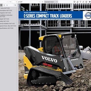 Op de afbeelding: Een Volvo C-serie Compacte Rupslader, in zwart en geel. De lader heeft een cabine met een persoon erin. De afbeelding bevat het Volvo-logo en tekst die het model MCT125C aangeeft.