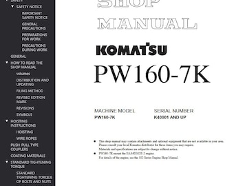 Komatsu PW160-7K Shop Manual Excavator PDF Download Service Repair