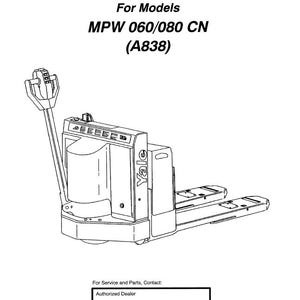 Könnte beinhalten: Strichzeichnung eines Yale MPW 060/080 CN Gabelstapler-Ersatzteilhandbuchs. Das Handbuchcover zeigt den Text "PARTS MANUAL" und "For Models MPW 060/080 CN (A838)". Das Bild enthält das Yale-Logo und Kontaktinformationen.