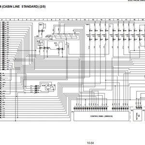 May include: A detailed black and white electrical diagram labeled "CABIN LINE STANDARD (2/5)". The diagram includes numerous lines, symbols, and text labels, including "CONTROL PANEL (UNIDECK)" and "FROM FRAME LINE STD".