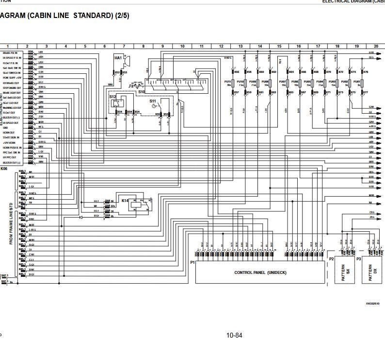 May include: A detailed black and white electrical diagram labeled "CABIN LINE STANDARD (2/5)". The diagram includes numerous lines, symbols, and text labels, including "CONTROL PANEL (UNIDECK)" and "FROM FRAME LINE STD".