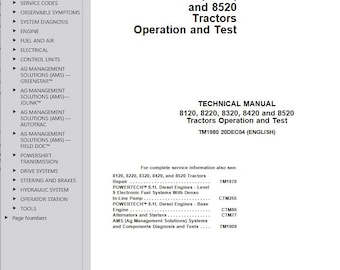 TM1980 - 8120, 8220, 8320, 8420 and 8520 Operations and Test Manual Tractors John Deere Technical Pdf Download