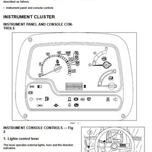 May include: Diagram of a tractor instrument panel with gauges, warning lights, and a fuel indicator. The image also includes a steering wheel and a diagram of the lights control lever and power-shuttle control lever.