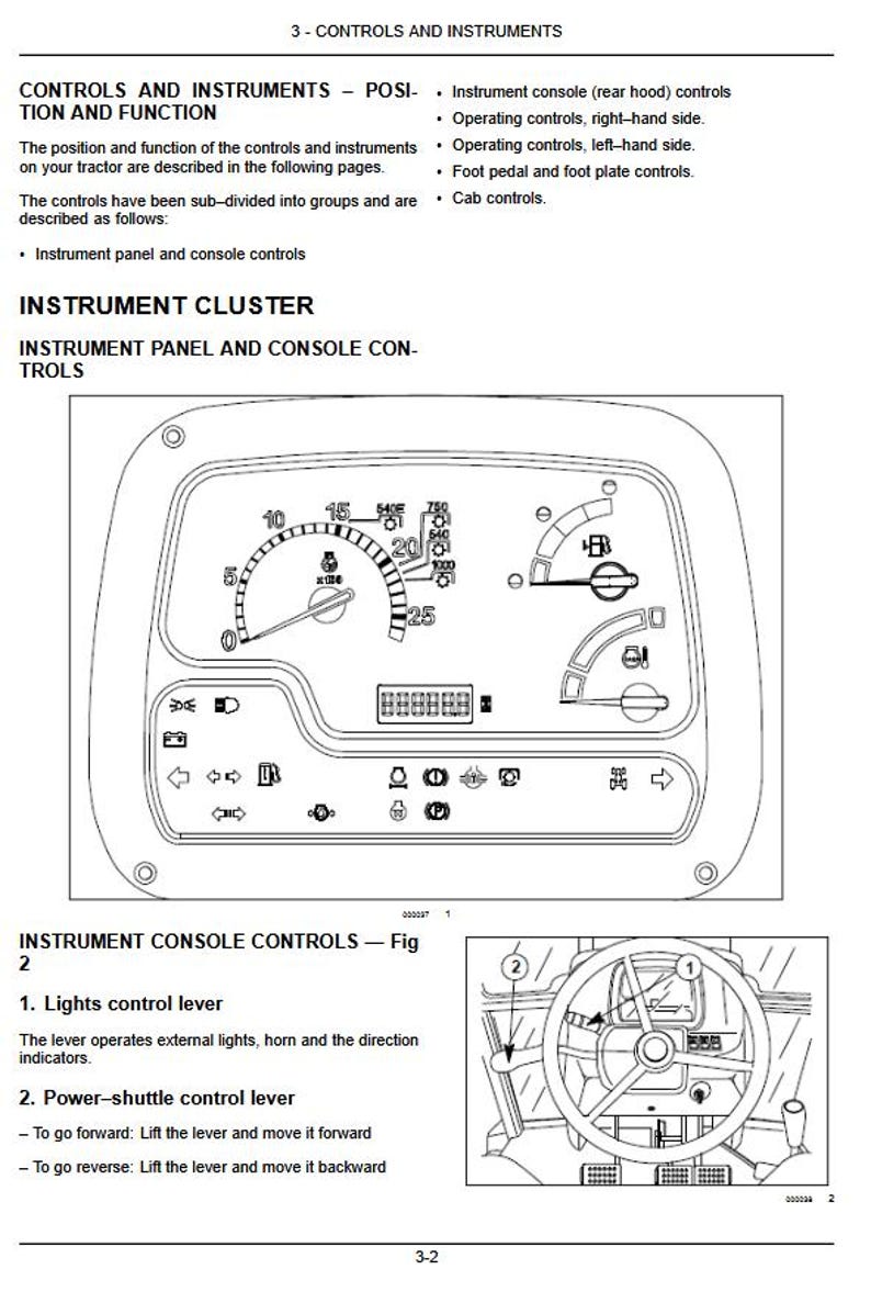 May include: Diagram of a tractor instrument panel with gauges, warning lights, and a fuel indicator. The image also includes a steering wheel and a diagram of the lights control lever and power-shuttle control lever.