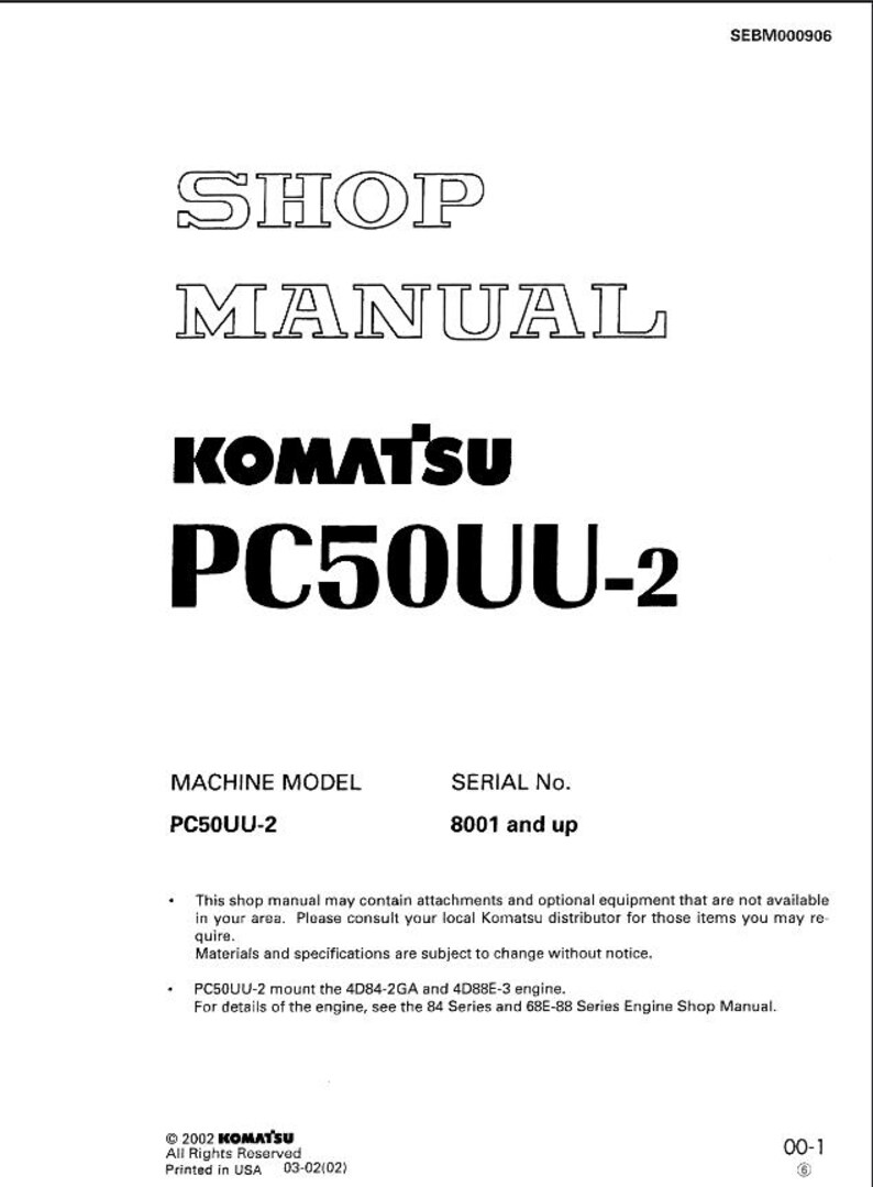 May include: A white shop manual with the text "SHOP MANUAL" in large, outlined letters. Below, the text "KOMATSU PC50UU-2" is prominently displayed. The manual includes machine model and serial number information.