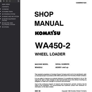 May include: A shop manual for a Komatsu WA450-2 wheel loader. The cover features the title in large, bold, black text against a white background. Includes machine model and serial numbers. Copyright 1990 Komatsu Dresser Company.