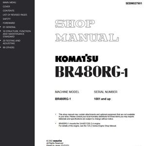 May include: A white shop manual with the title "SHOP MANUAL" and the model "BR480RG-1" from Komatsu. The manual includes sections on structure, function, maintenance, testing, and adjusting. The serial number is 1001 and up.