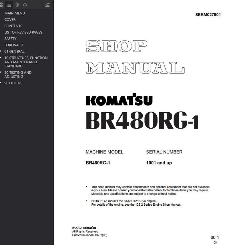 May include: A white shop manual with the title "SHOP MANUAL" and the model "BR480RG-1" from Komatsu. The manual includes sections on structure, function, maintenance, testing, and adjusting. The serial number is 1001 and up.