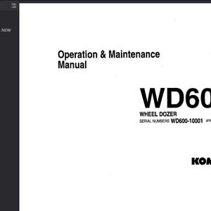 May include: A white manual titled "Operation & Maintenance Manual" with the text "WD600-1 WHEEL DOZER" and the Komatsu logo. The manual's serial numbers are WD600-10001 and up. The image also includes a dark gray sidebar with menu options.