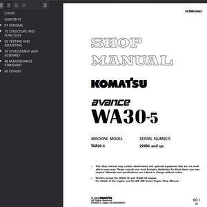 Pu&ograve; includere: Un manuale di officina bianco con il testo "SHOP MANUAL" in un font delineato. Sono visibili anche il logo Komatsu e "avance WA30-5". Il manuale include il modello di macchina WA30-5 e il numero di serie 22005 e successivi.