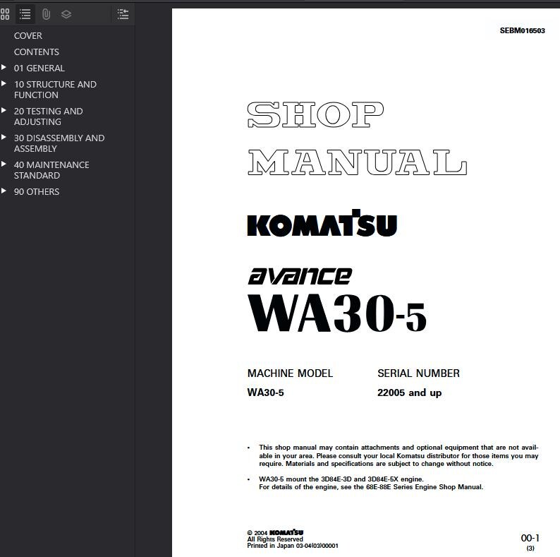 Pu&ograve; includere: Un manuale di officina bianco con il testo "SHOP MANUAL" in un font delineato. Sono visibili anche il logo Komatsu e "avance WA30-5". Il manuale include il modello di macchina WA30-5 e il numero di serie 22005 e successivi.