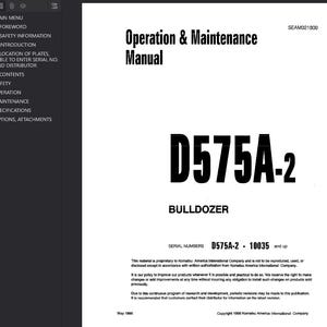 Op de afbeelding: Een wit en zwart handboek getiteld "Operation & Maintenance Manual" voor een D575A-2 Bulldozer. De omslag bevat het Komatsu-logo en serienummers. Het copyright van de handleiding is uit 1998.