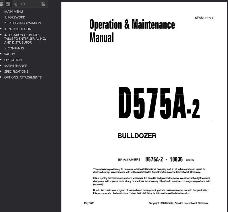 Op de afbeelding: Een wit en zwart handboek getiteld "Operation & Maintenance Manual" voor een D575A-2 Bulldozer. De omslag bevat het Komatsu-logo en serienummers. Het copyright van de handleiding is uit 1998.