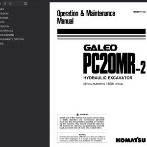 K&ouml;nnte beinhalten: Wei&szlig;es Handbuchcover mit dem Titel "Operation & Maintenance Manual" und dem Text "GALEO PC20MR-2 HYDRAULIC EXCAVATOR". Enth&auml;lt eine Warnung zur sicheren Bedienung und das Komatsu-Logo.