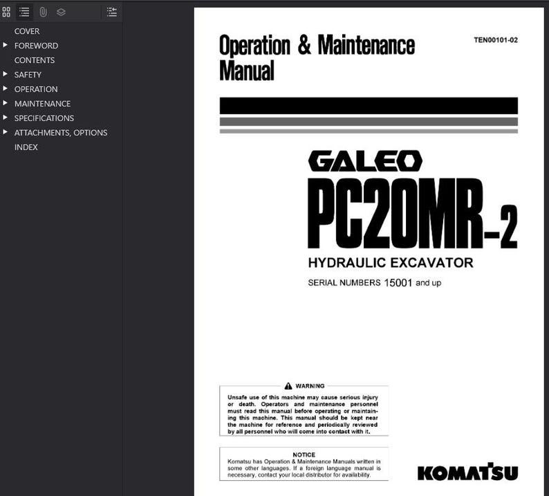 K&ouml;nnte beinhalten: Wei&szlig;es Handbuchcover mit dem Titel "Operation & Maintenance Manual" und dem Text "GALEO PC20MR-2 HYDRAULIC EXCAVATOR". Enth&auml;lt eine Warnung zur sicheren Bedienung und das Komatsu-Logo.