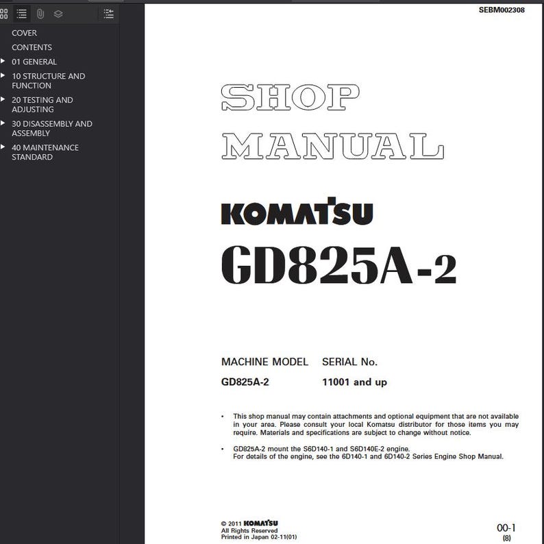May include: A white shop manual with the title "SHOP MANUAL" in outlined text. The manual is for a Komatsu GD825A-2 machine. The cover also includes the Komatsu logo and a list of contents on the left side.