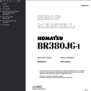 May include: A white shop manual featuring the text "SHOP MANUAL" in a large font. Below is the brand name "KOMATSU" and the model "BR380JG-1". The manual includes the machine model and serial number.