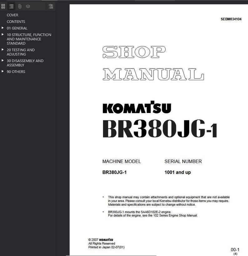 May include: A white shop manual featuring the text "SHOP MANUAL" in a large font. Below is the brand name "KOMATSU" and the model "BR380JG-1". The manual includes the machine model and serial number.