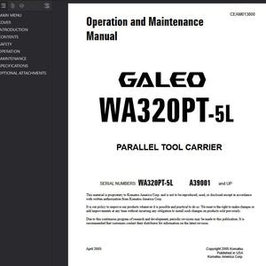 May include: A white manual cover with black text. The title reads "Operation and Maintenance Manual" above the "GALEO WA320PT-5L" logo. Below, it says "PARALLEL TOOL CARRIER". The serial numbers WA320PT-5L and A39001 are also visible.