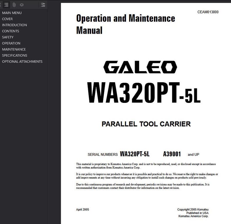 May include: A white manual cover with black text. The title reads "Operation and Maintenance Manual" above the "GALEO WA320PT-5L" logo. Below, it says "PARALLEL TOOL CARRIER". The serial numbers WA320PT-5L and A39001 are also visible.