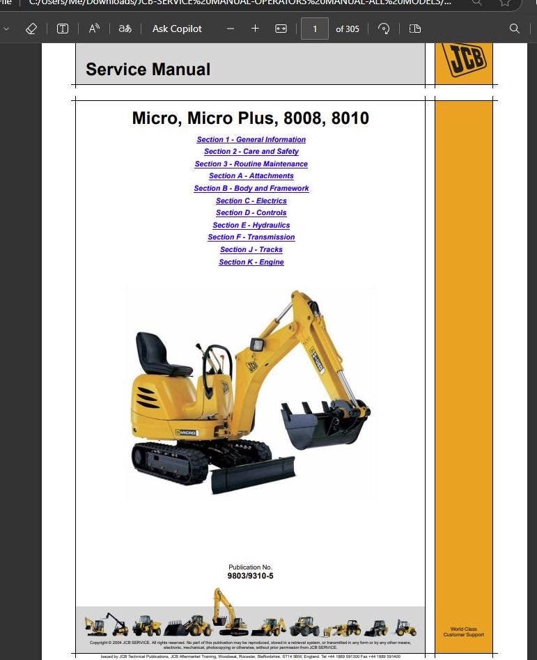 JCB 8008, 8010 Micro Plus SERVICE Manual for Mini Compact Excavator ...