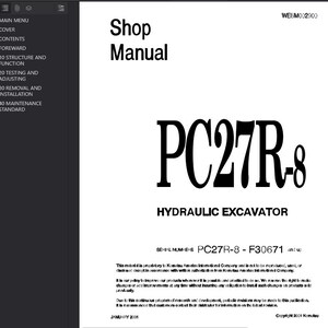以下が含まれることがあります： PC27R-8油圧ショベルのショップマニュアル。表紙は白で、黒い文字で「Shop Manual」と「PC27R-8」と書かれています。マニュアルのシリアル番号はPC27R-8 - F30671以降です。文書は2001年1月の日付です。
