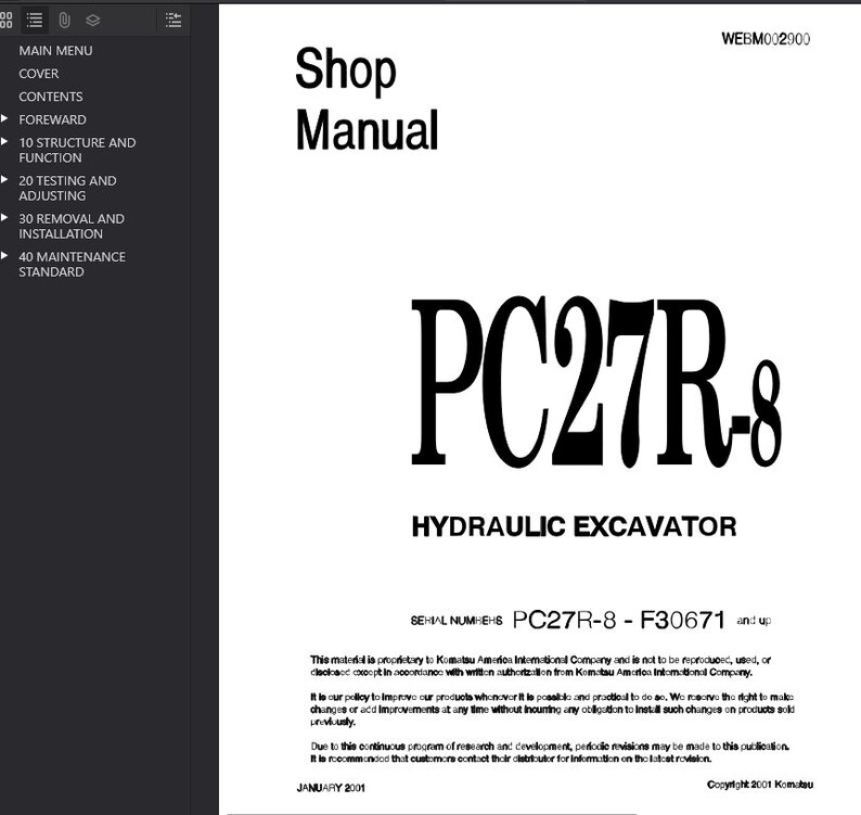 以下が含まれることがあります： PC27R-8油圧ショベルのショップマニュアル。表紙は白で、黒い文字で「Shop Manual」と「PC27R-8」と書かれています。マニュアルのシリアル番号はPC27R-8 - F30671以降です。文書は2001年1月の日付です。
