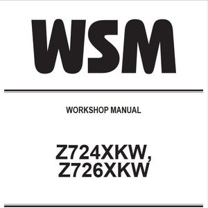 Puede incluir: Portada de manual de taller en blanco y negro con el texto "WSM" en letras grandes y negritas. El texto "MANUAL DE TALLER" está debajo del logotipo. Los números de modelo "Z724XKW, Z726XKW" están listados debajo del título.