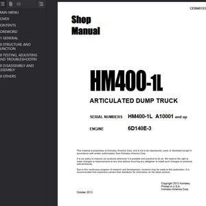 K&ouml;nnte beinhalten: Shop Manual-Cover f&uuml;r den Muldenkipper HM400-1L. Der Einband zeigt den Titel in fetter schwarzer Schrift sowie Seriennummern und Motordetails. Copyright 2013 Komatsu, gedruckt in den USA.