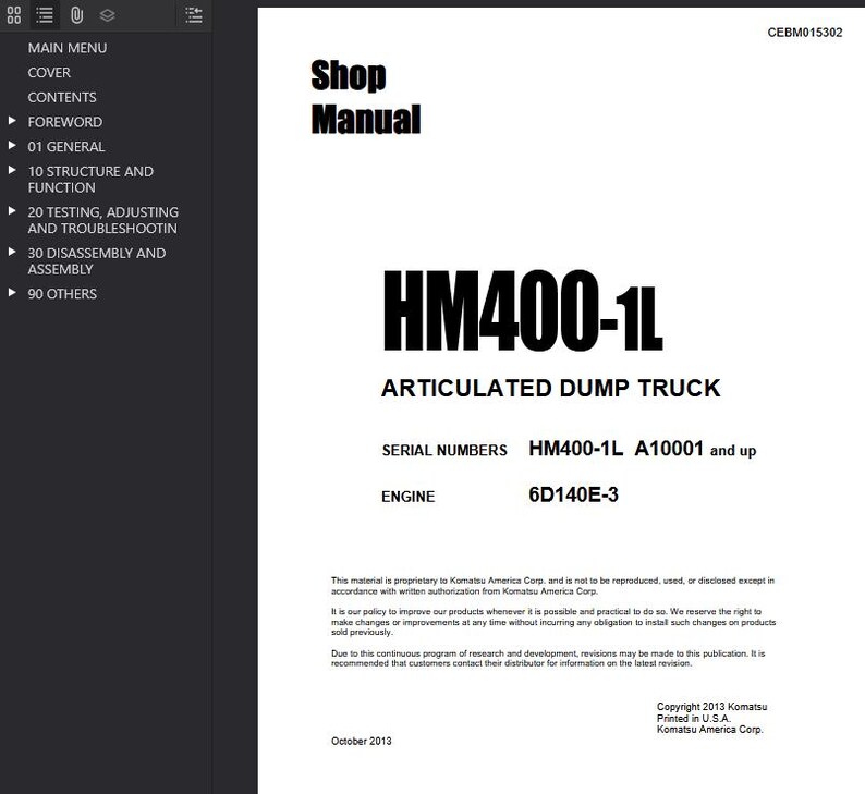 K&ouml;nnte beinhalten: Shop Manual-Cover f&uuml;r den Muldenkipper HM400-1L. Der Einband zeigt den Titel in fetter schwarzer Schrift sowie Seriennummern und Motordetails. Copyright 2013 Komatsu, gedruckt in den USA.