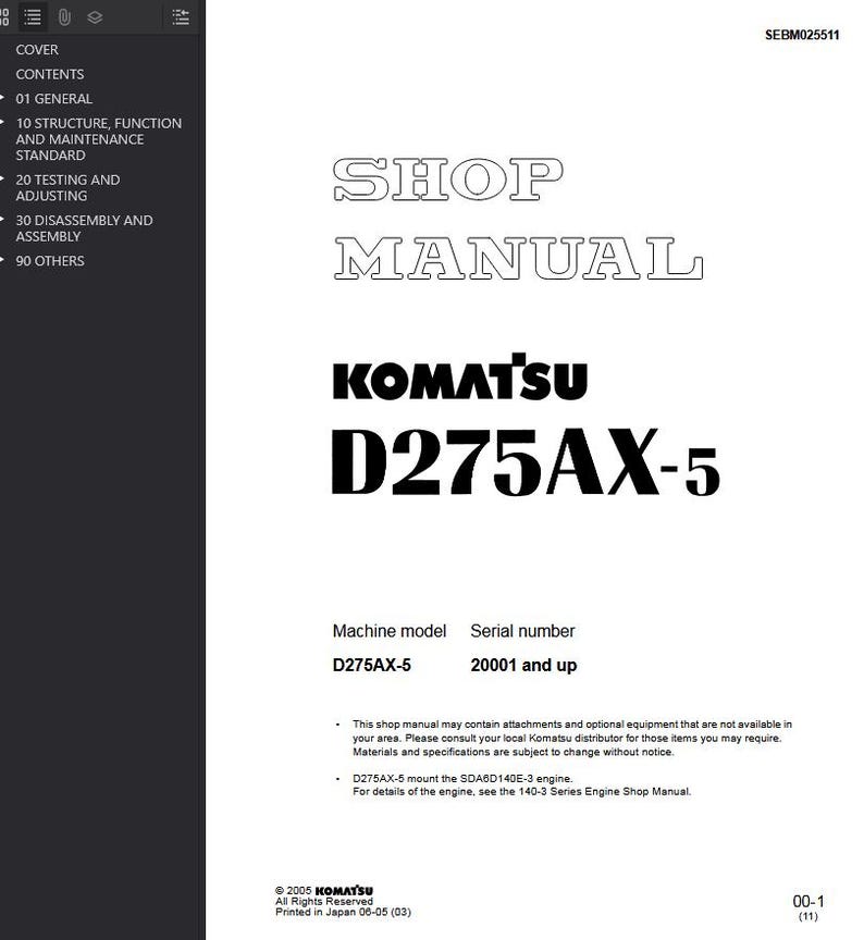 May include: A white shop manual cover with the text "SHOP MANUAL" and "KOMATSU D275AX-5" in bold black font. The manual includes machine model and serial number information. The cover also has a list of contents on the left side.