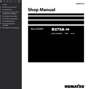 Puede incluir: Una portada blanca de Manual de Taller con texto negro y una barra negra. El manual es para una Bulldozer D275A-5R, con n&uacute;meros de serie 35001 y superiores. El logotipo de Komatsu est&aacute; en la parte inferior.