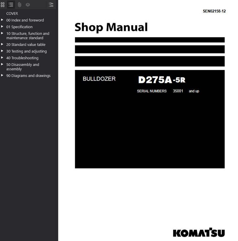 Puede incluir: Una portada blanca de Manual de Taller con texto negro y una barra negra. El manual es para una Bulldozer D275A-5R, con n&uacute;meros de serie 35001 y superiores. El logotipo de Komatsu est&aacute; en la parte inferior.